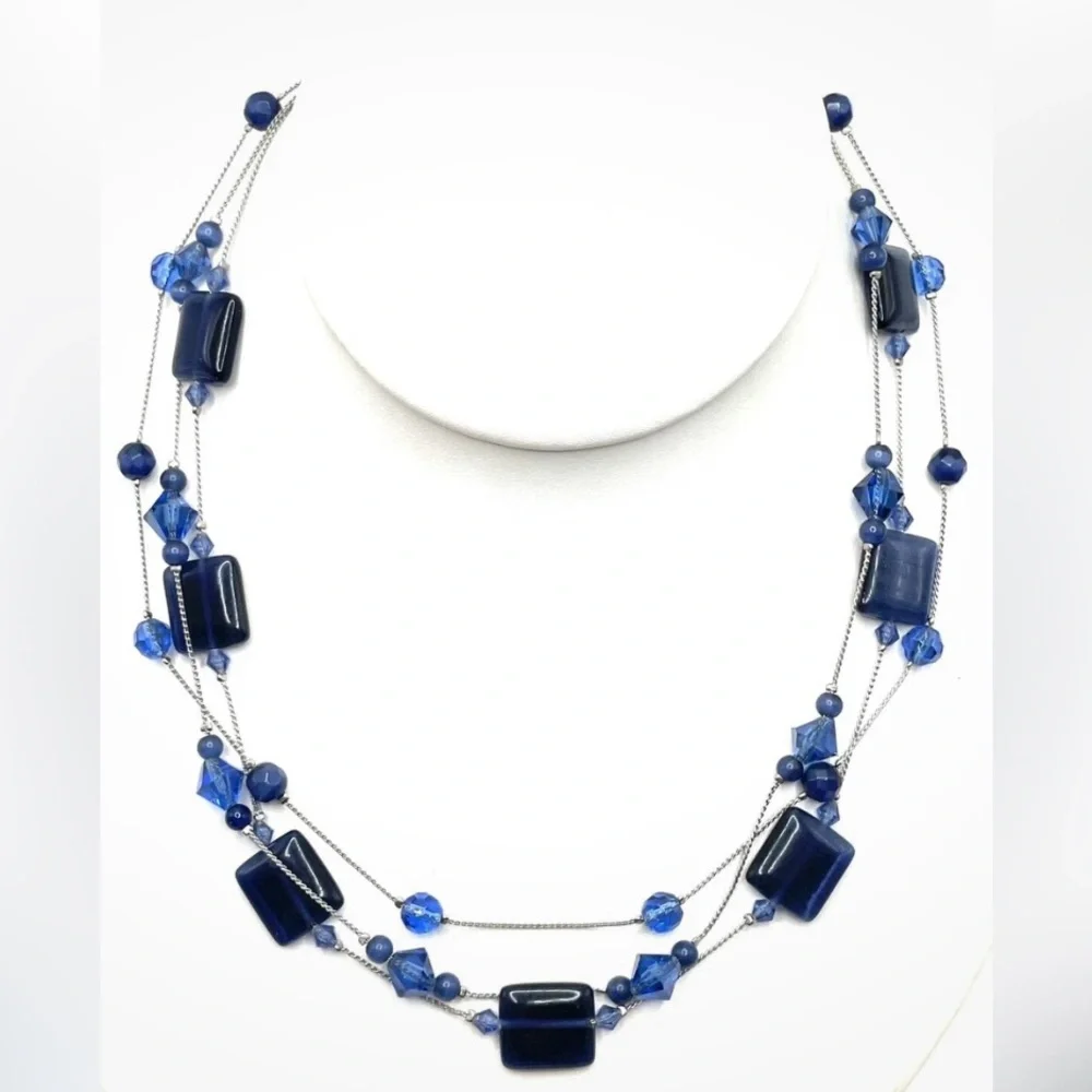 New~ Lia Sophia Cobalt Blue Art Glass Crystal Layered Illusion Necklace Retired